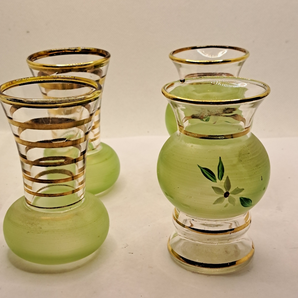 4 Small Vintage Bartlett Collins Green Frosted Glass, Hand Painted Vases